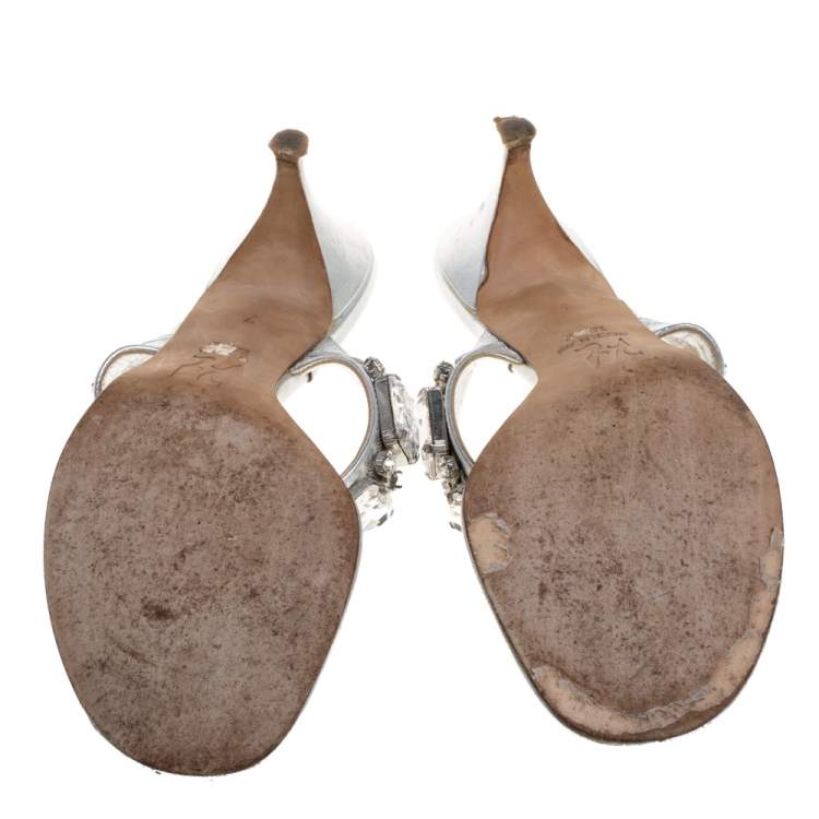 Pre Owned Gina Silver Crystal Embellished Thong Sandals Size 40