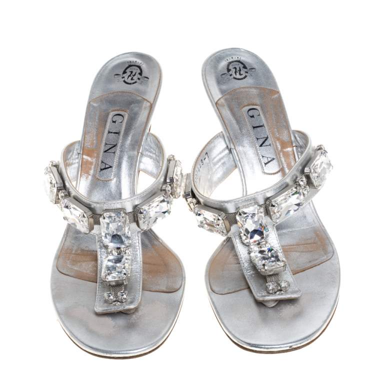 Pre Owned Gina Silver Crystal Embellished Thong Sandals Size 40