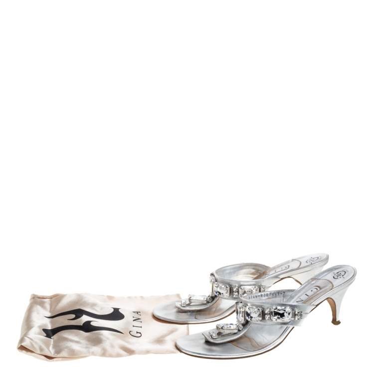 Pre Owned Gina Silver Crystal Embellished Thong Sandals Size 40