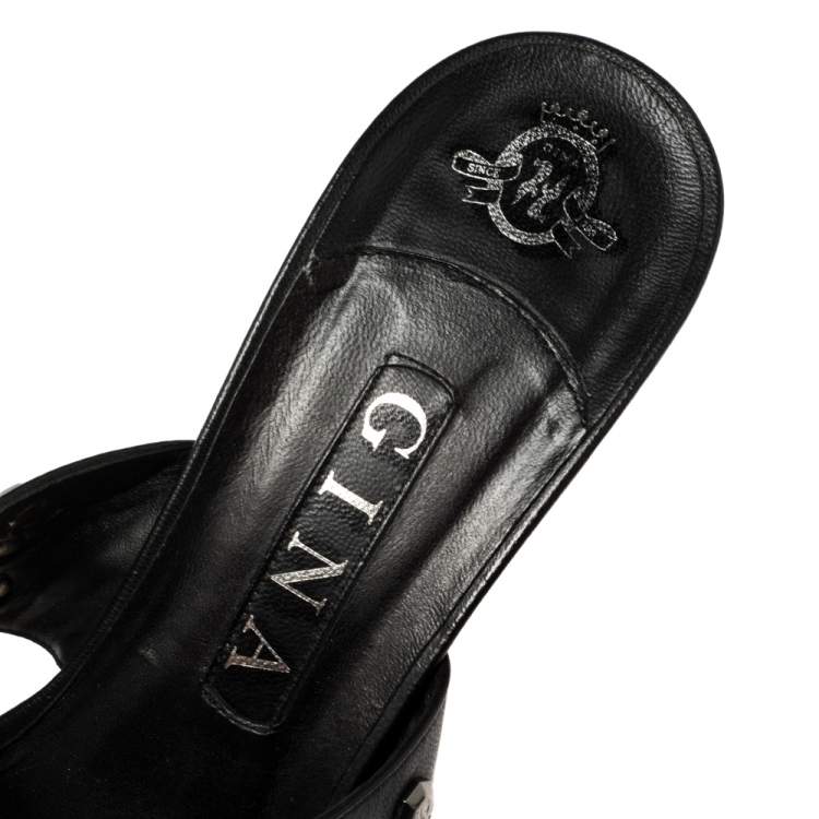 Pre Owned Gina Black Leather Studded Open Toe Sandals Size 40