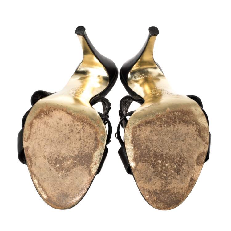 Pre Owned Gina Black Leather Studded Open Toe Sandals Size 40