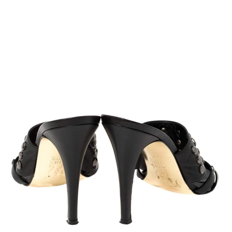 Pre Owned Gina Black Leather Studded Open Toe Sandals Size 40