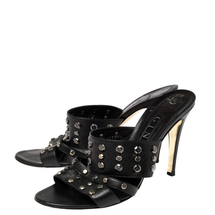 Pre Owned Gina Black Leather Studded Open Toe Sandals Size 40