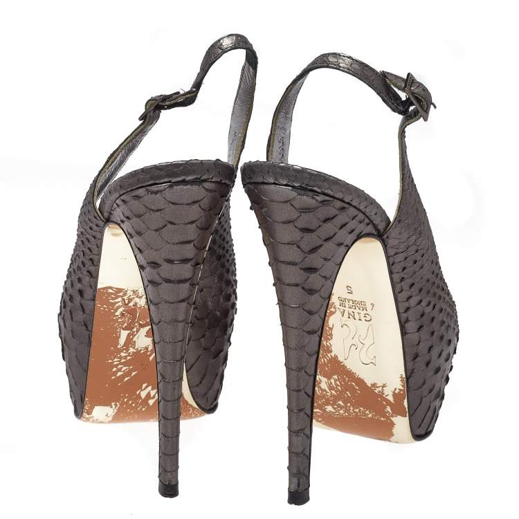 Pre Owned Gina Metallic Python Gemma Peep Toe Platform Slingback Sandals Size 38