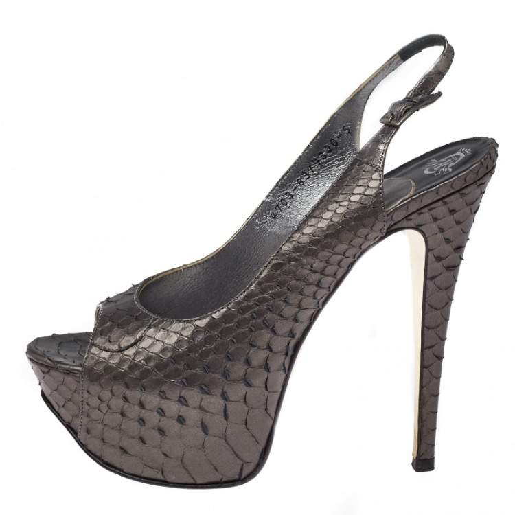 Pre Owned Gina Metallic Python Gemma Peep Toe Platform Slingback Sandals Size 38