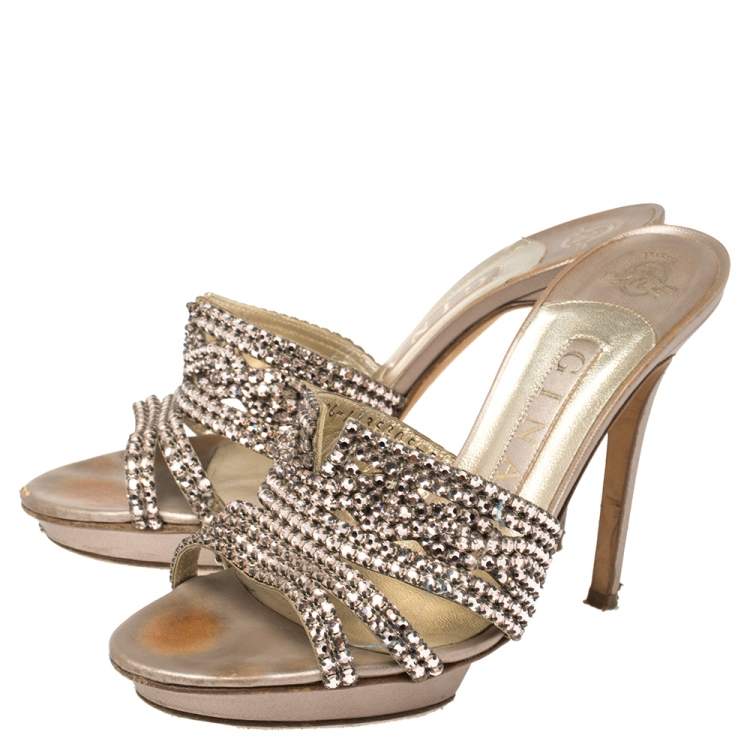 Pre Owned   Gina Rose Gold Crystal Embellished Leather Slide Sandals Size 38.5