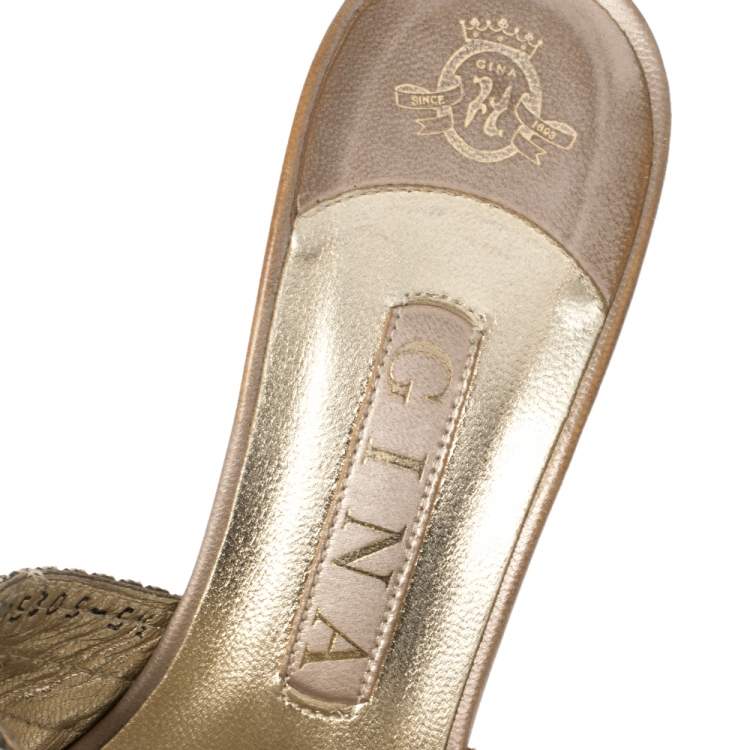 Pre Owned   Gina Rose Gold Crystal Embellished Leather Slide Sandals Size 38.5