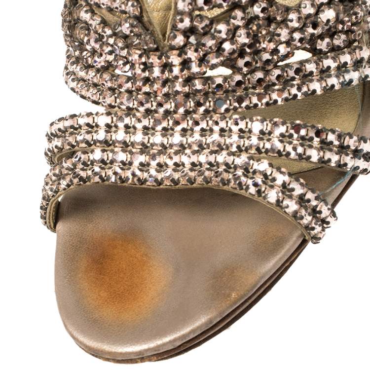 Pre Owned   Gina Rose Gold Crystal Embellished Leather Slide Sandals Size 38.5