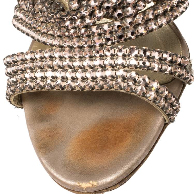 Pre Owned   Gina Rose Gold Crystal Embellished Leather Slide Sandals Size 38.5