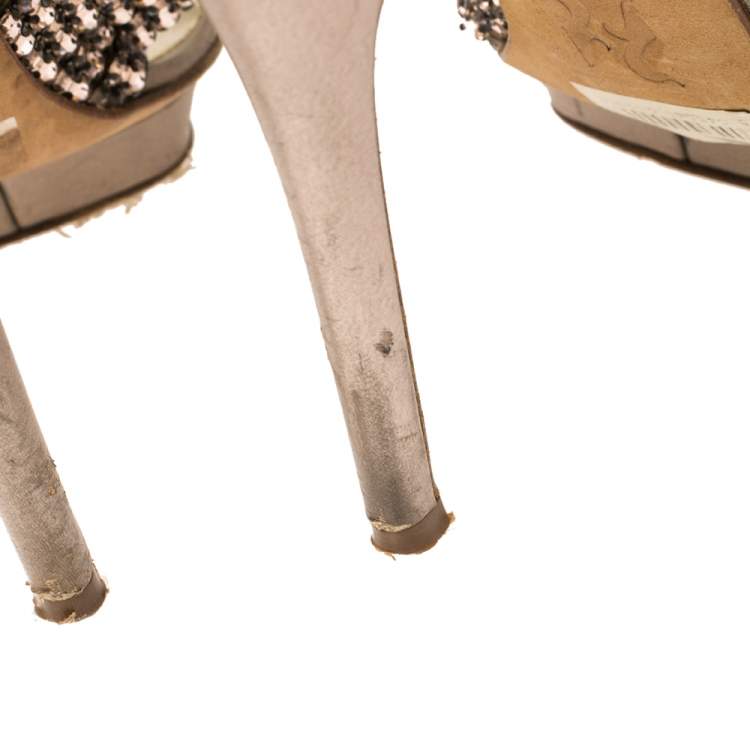 Pre Owned   Gina Rose Gold Crystal Embellished Leather Slide Sandals Size 38.5