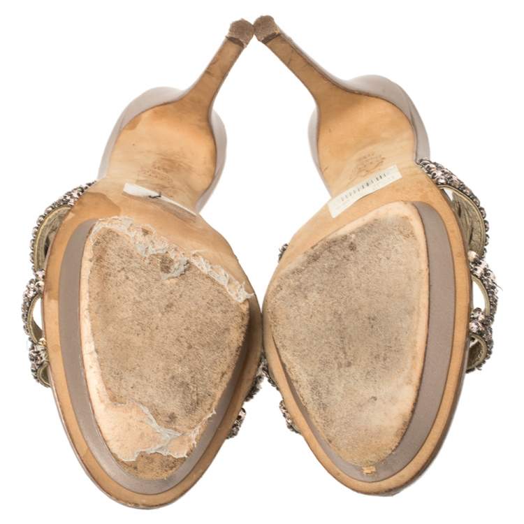 Pre Owned   Gina Rose Gold Crystal Embellished Leather Slide Sandals Size 38.5