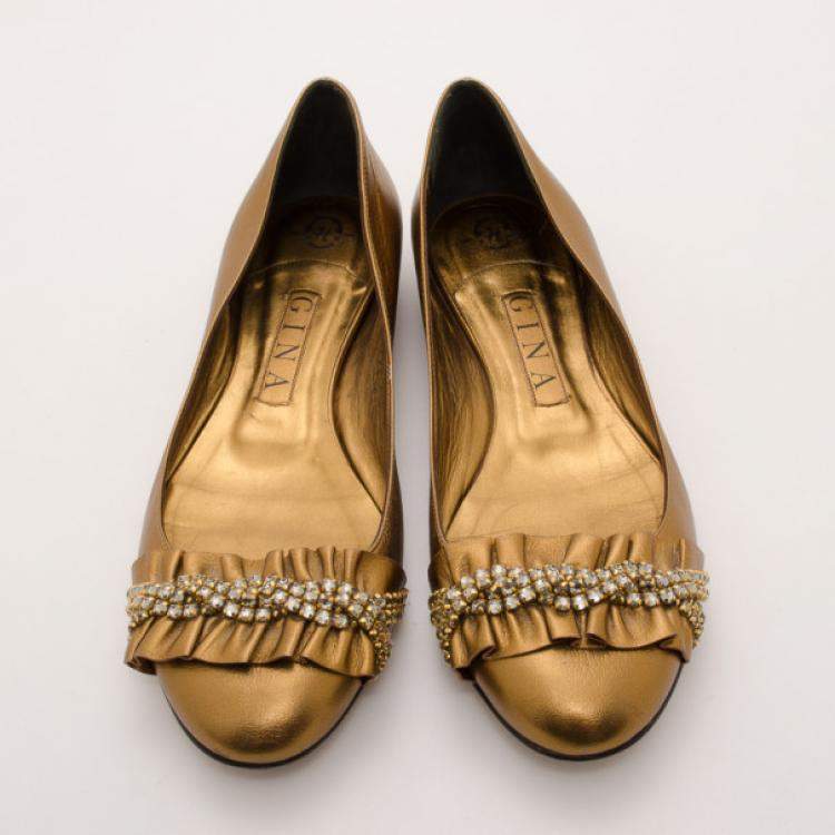 Pre Owned Gina Bronze Metallic Embellished Ballerina Flats Size 39.5 