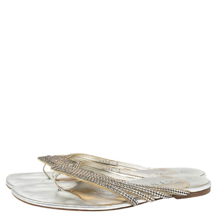Pre Owned Gina Silver Leather Crystal Embellished Thong Flats Size 41
