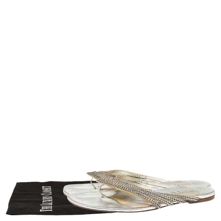 Pre Owned Gina Silver Leather Crystal Embellished Thong Flats Size 41