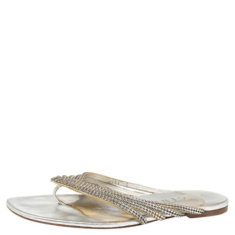 Pre Owned Gina Silver Leather Crystal Embellished Thong Flats Size 41