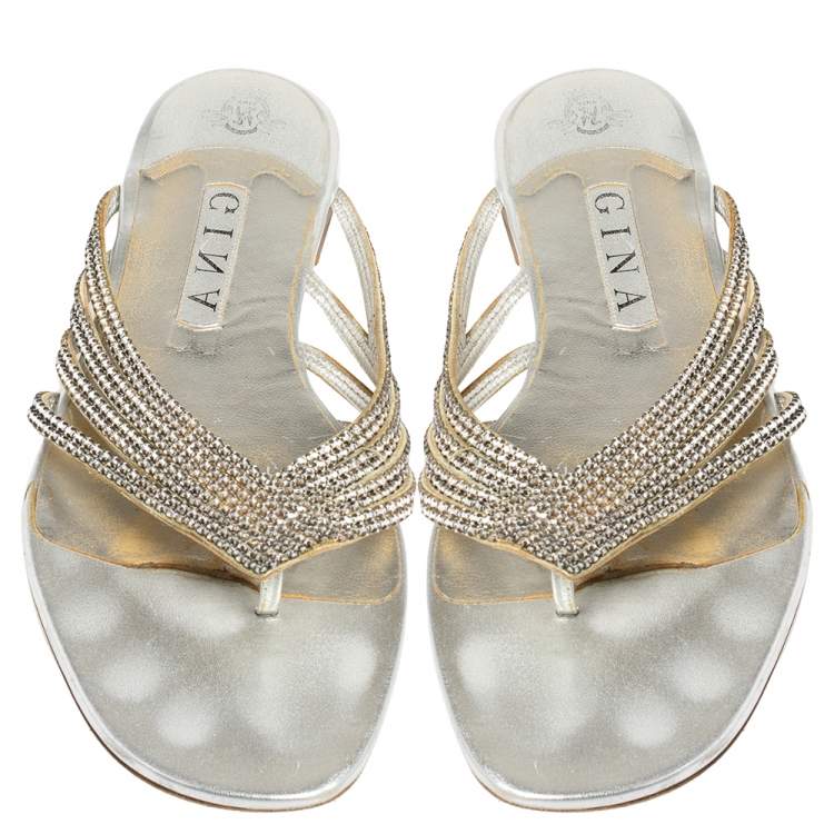 Pre Owned Gina Silver Leather Crystal Embellished Thong Flats Size 41