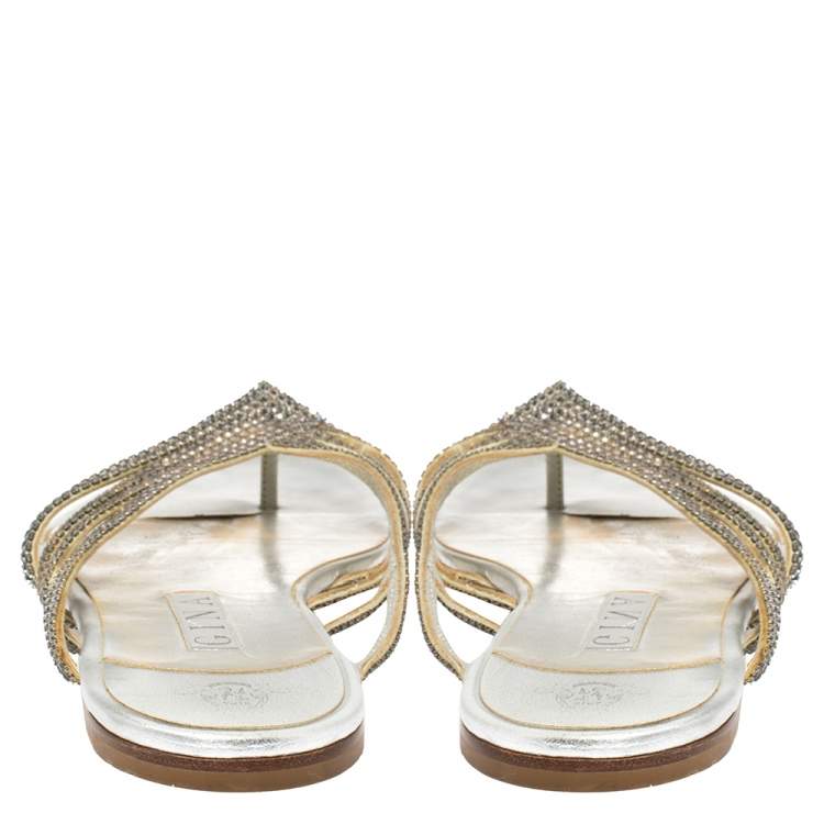 Pre Owned Gina Silver Leather Crystal Embellished Thong Flats Size 41