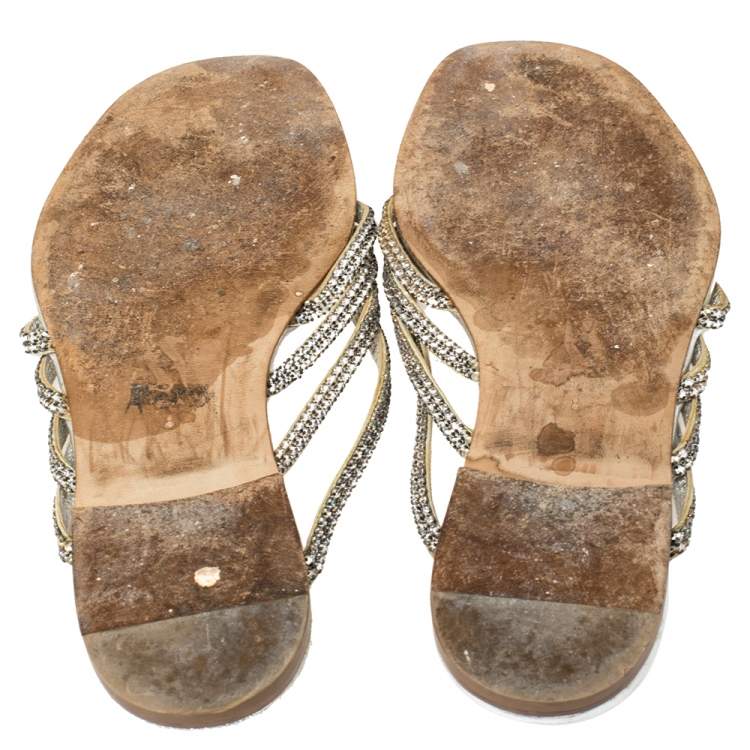 Pre Owned Gina Silver Leather Crystal Embellished Thong Flats Size 41