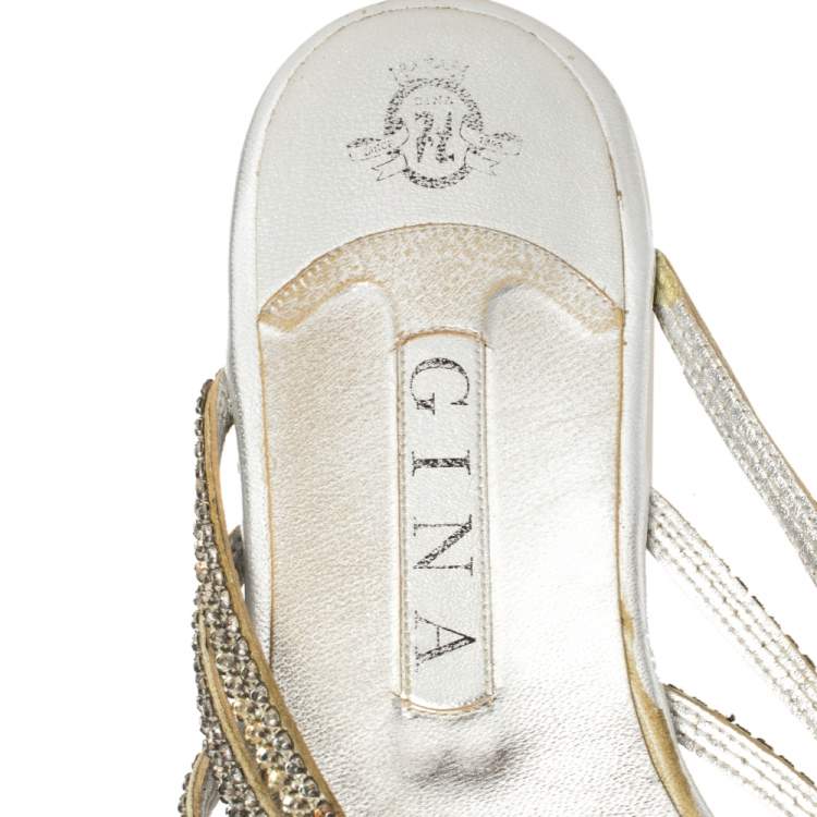 Pre Owned Gina Silver Leather Crystal Embellished Thong Flats Size 41