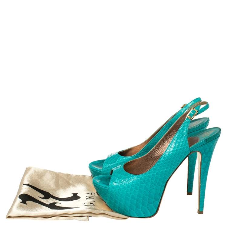 Pre Owned Gina Blue Python Embossed Leather Peep Toe Platform Slingback Sandals Size 39