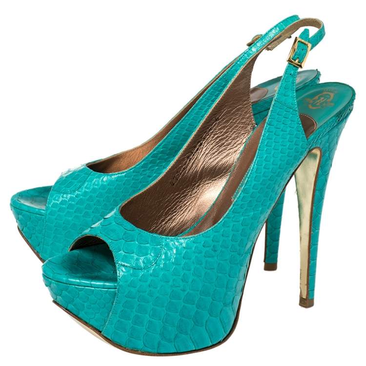Pre Owned Gina Blue Python Embossed Leather Peep Toe Platform Slingback Sandals Size 39