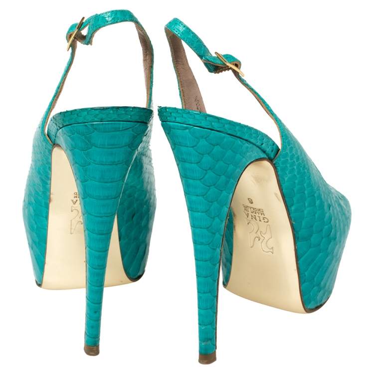 Pre Owned Gina Blue Python Embossed Leather Peep Toe Platform Slingback Sandals Size 39