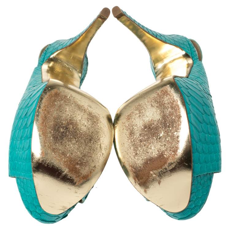 Pre Owned Gina Blue Python Embossed Leather Peep Toe Platform Slingback Sandals Size 39