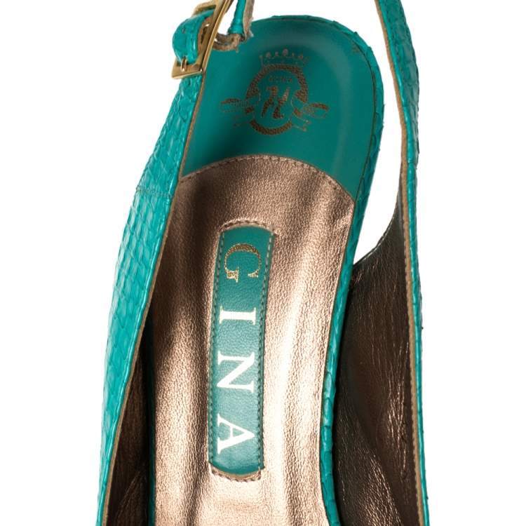 Pre Owned Gina Blue Python Embossed Leather Peep Toe Platform Slingback Sandals Size 39