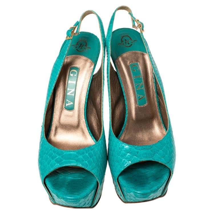 Pre Owned Gina Blue Python Embossed Leather Peep Toe Platform Slingback Sandals Size 39