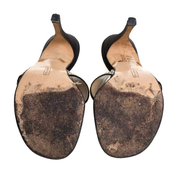 Pre Owned Gina Black Satin Crystal Embellished Thong Sandals Size 38