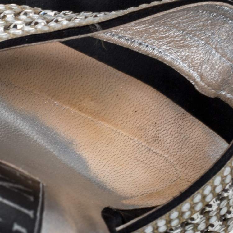 Pre Owned Gina Black Satin Crystal Embellished Thong Sandals Size 38