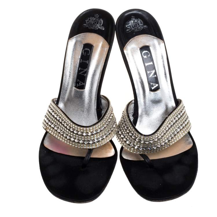 Pre Owned Gina Black Satin Crystal Embellished Thong Sandals Size 38