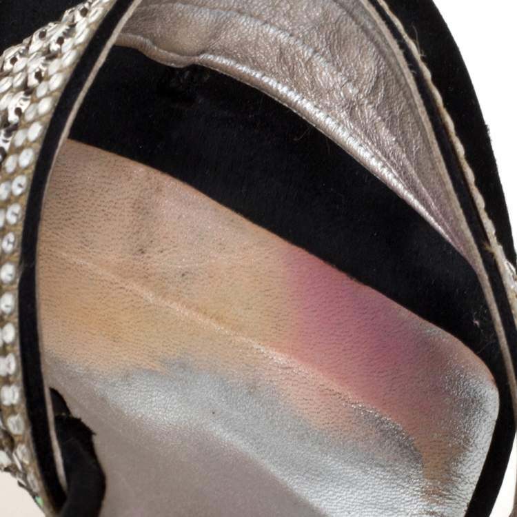 Pre Owned Gina Black Satin Crystal Embellished Thong Sandals Size 38