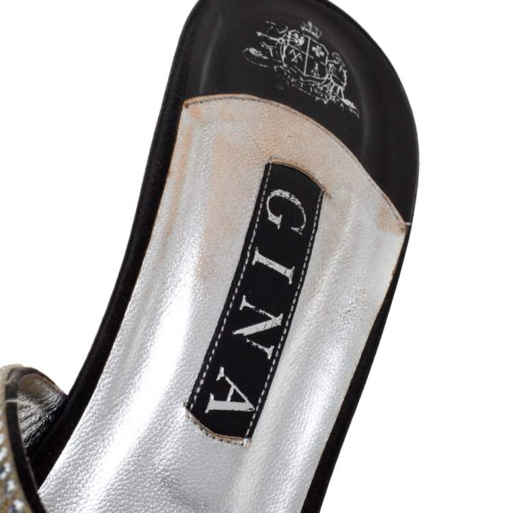 Pre Owned Gina Black Satin Crystal Embellished Thong Sandals Size 38