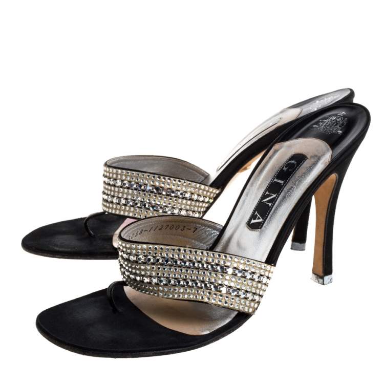 Pre Owned Gina Black Satin Crystal Embellished Thong Sandals Size 38