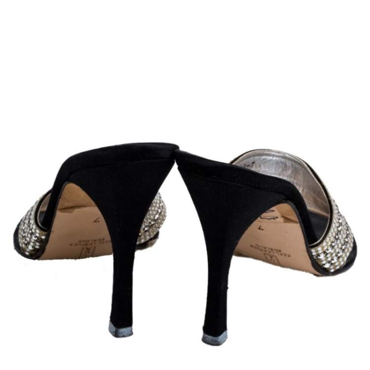 Pre Owned Gina Black Satin Crystal Embellished Thong Sandals Size 38