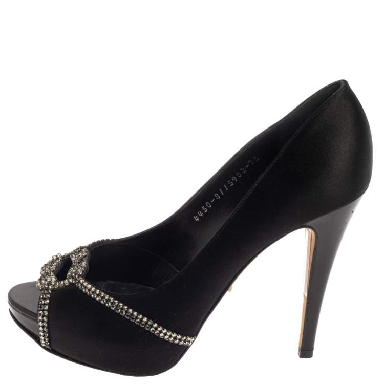 Pre Owned Gina Black Satin Crystal Embellished Platform Peep Toe Pumps Size 40.5