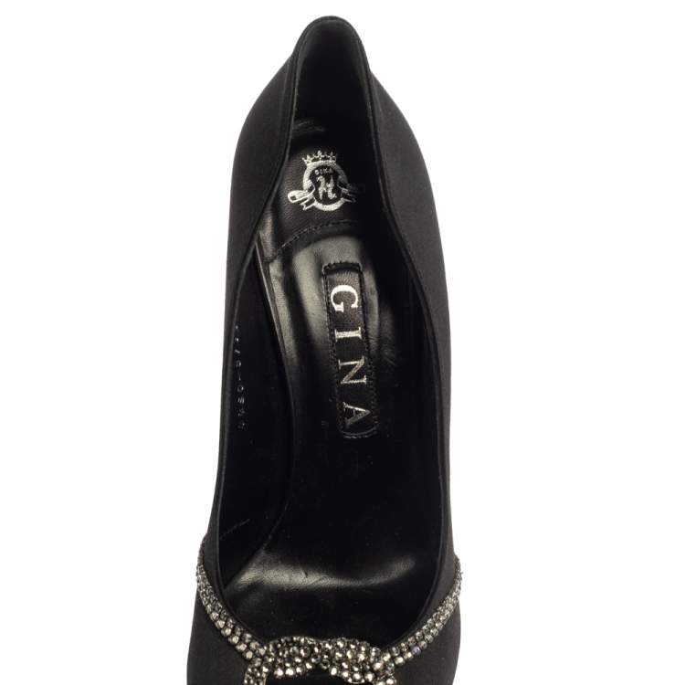 Pre Owned Gina Black Satin Crystal Embellished Platform Peep Toe Pumps Size 40.5