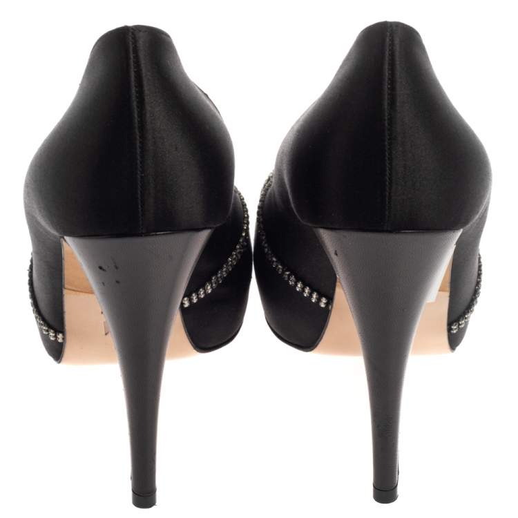 Pre Owned Gina Black Satin Crystal Embellished Platform Peep Toe Pumps Size 40.5