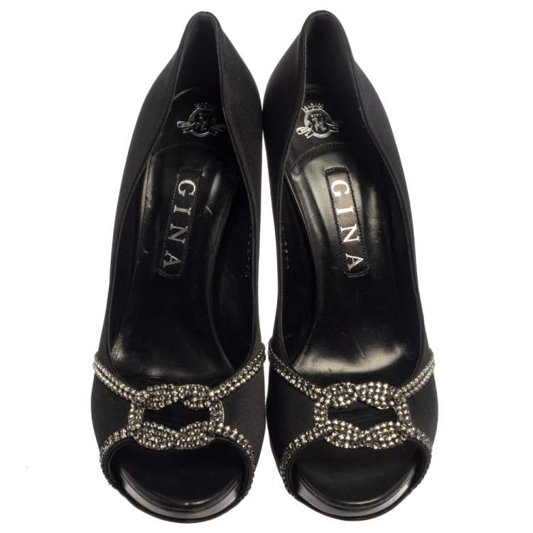 Pre Owned Gina Black Satin Crystal Embellished Platform Peep Toe Pumps Size 40.5