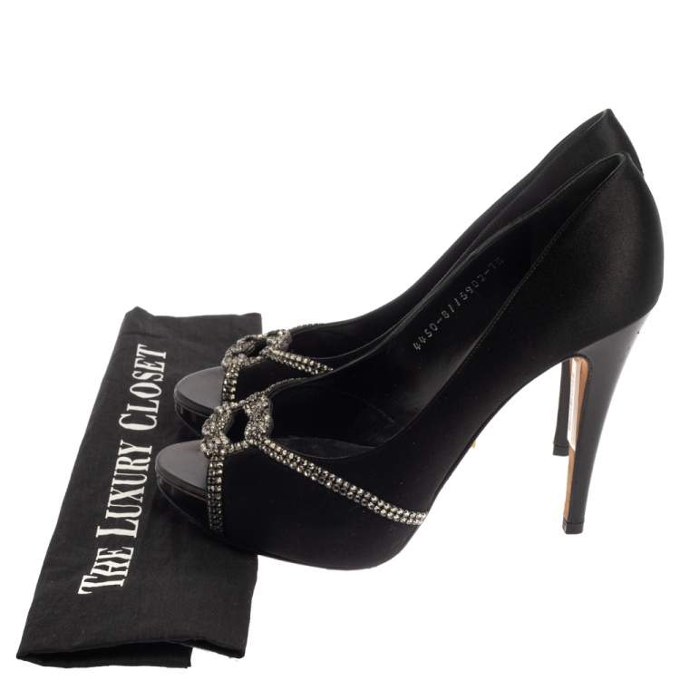 Pre Owned Gina Black Satin Crystal Embellished Platform Peep Toe Pumps Size 40.5