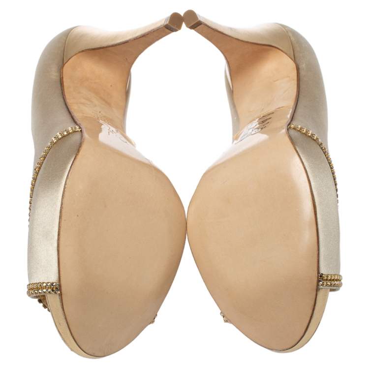 Pre Owned Gina Beige Satin Crystal Embellished Peep Toe Pumps Size 40