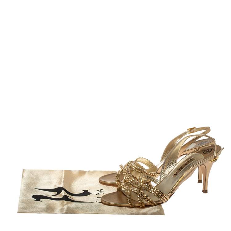 Pre Owned Gina Metallic Gold Leather Crystal Embellished Slingback Sandals Size 41