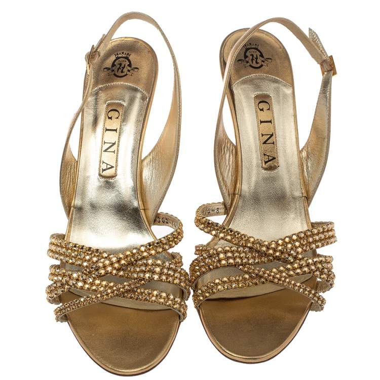 Pre Owned Gina Metallic Gold Leather Crystal Embellished Slingback Sandals Size 41