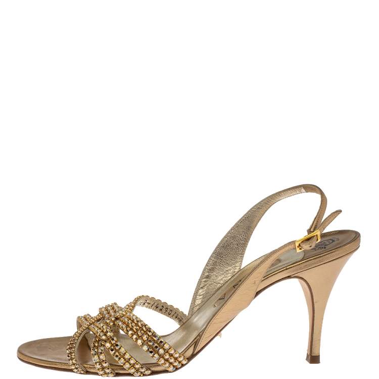 Pre Owned Gina Metallic Gold Leather Crystal Embellished Slingback Sandals Size 41