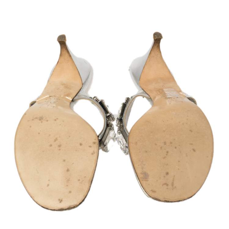 Pre Owned Gina Metallic Silver Leather Crystal Embellished Thong Sandals Size 40 