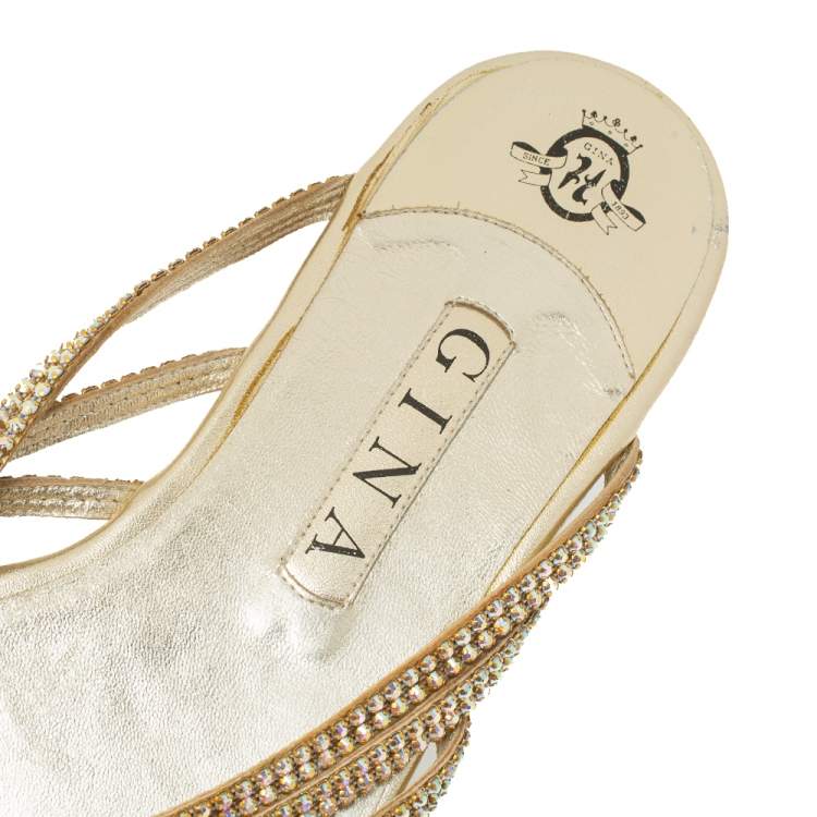 Pre Owned Gina Metallic Gold Leather Embellished Thong Flats Size 41