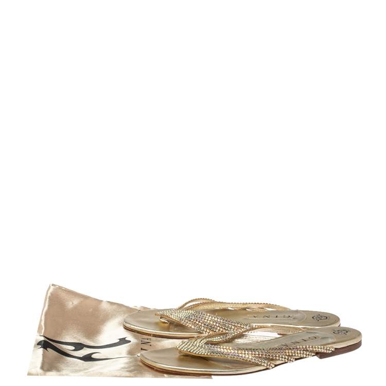 Pre Owned Gina Metallic Gold Leather Embellished Thong Flats Size 41