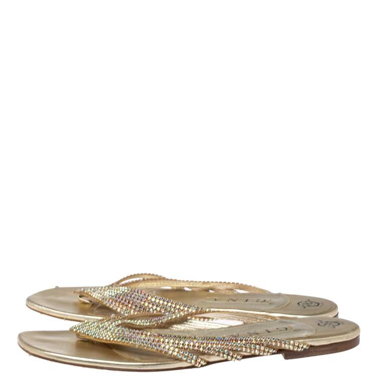 Pre Owned Gina Metallic Gold Leather Embellished Thong Flats Size 41