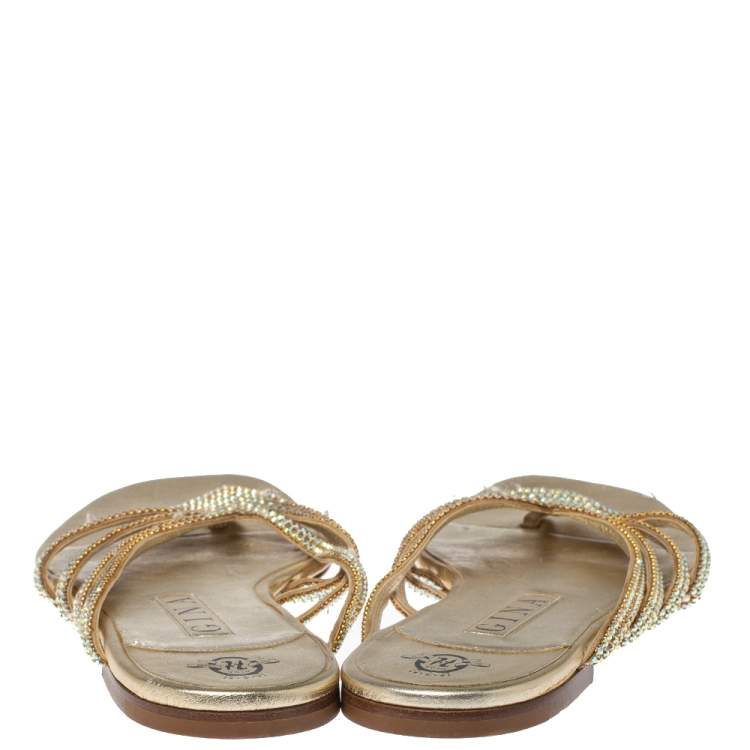 Pre Owned Gina Metallic Gold Leather Embellished Thong Flats Size 41